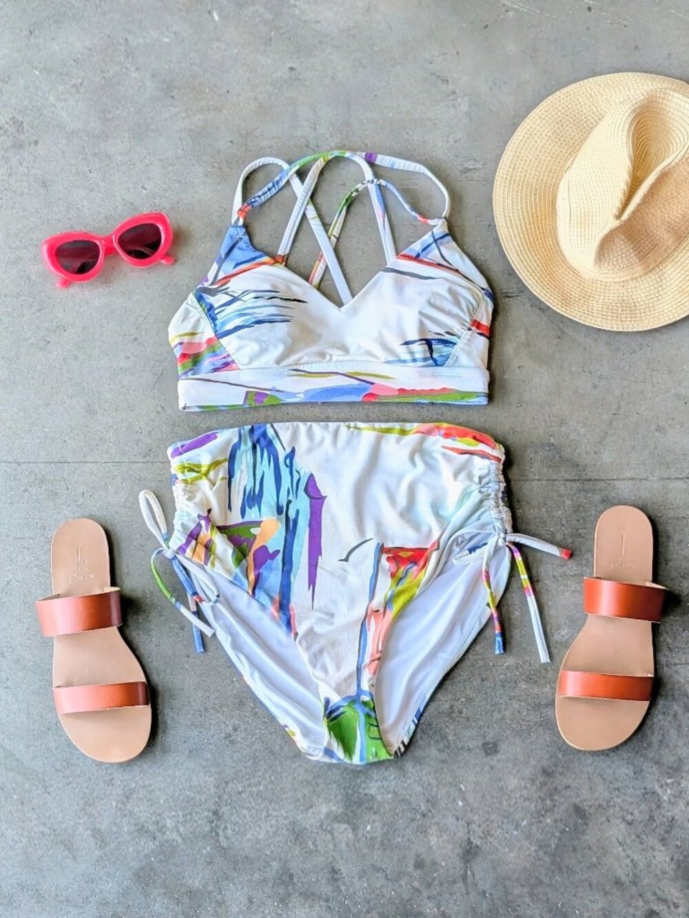 Calia Strappy High Waisted Ruched Side Tie Bikini Set in Tahitian Print medium